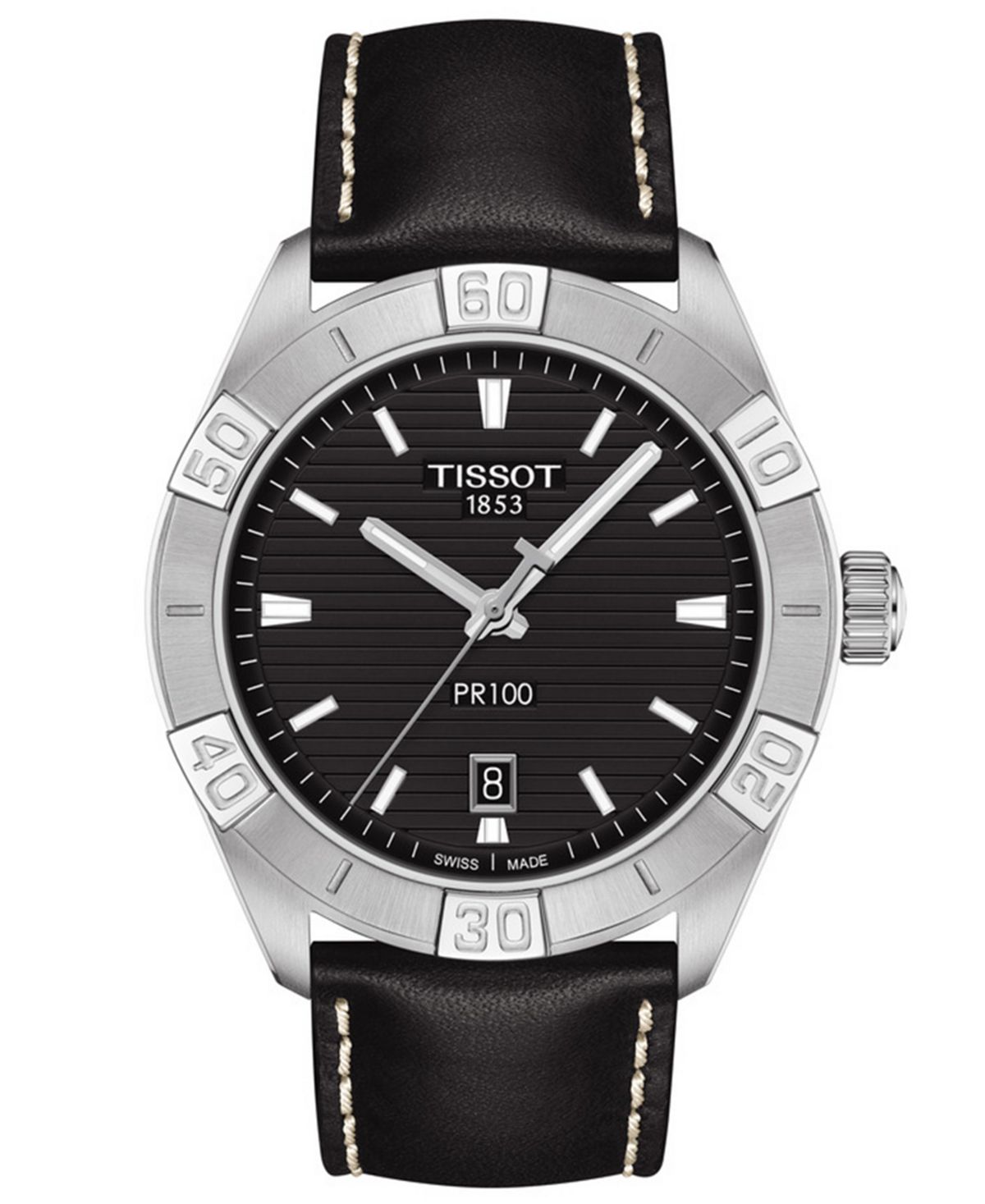 

Мужские часы Swiss PR 100 Sport с черным кожаным ремешком, 42 мм Tissot