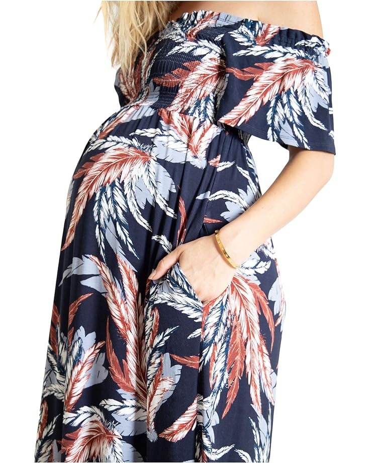 цена Платье Ingrid & Isabel Maternity Off-the-Shoulder Smocked Maxi Dress, цвет Navy Feathers
