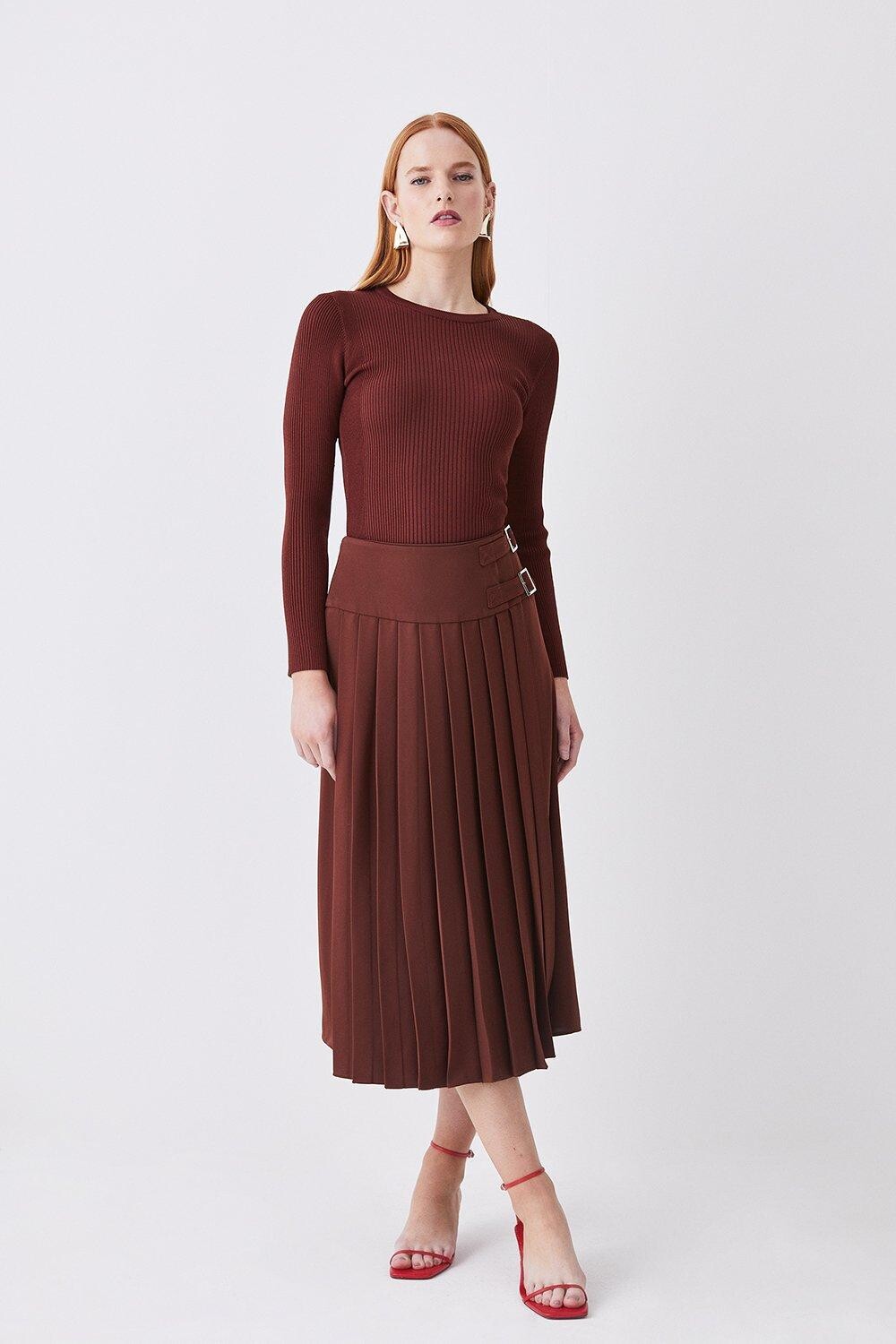 

Плиссированная юбка-миди из крепа с пряжкой Karen Millen, коричневый