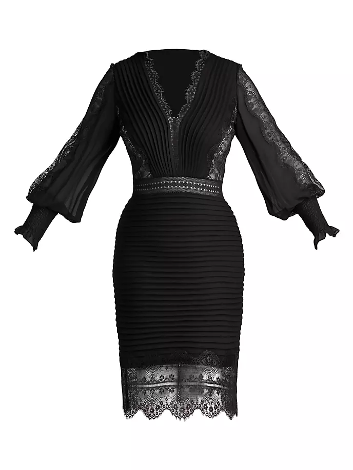

Плиссированное платье-футляр с кружевной отделкой Tadashi Shoji, черный