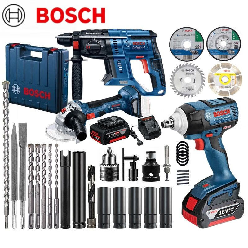 Угловая шлифовальная машина Bosch GWS 700 + перфоратор Bosch GBH 180-Li + дрель Bosch GSB 18V-EC + насадки, сверла