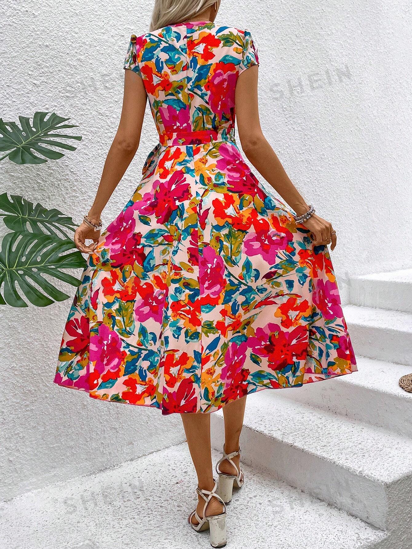 Женское отпускное платье с цветочным принтом, многоцветный