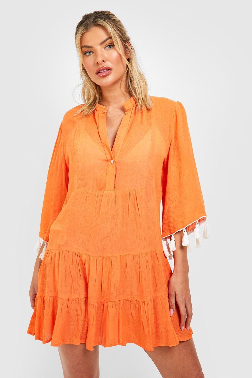 

Кафтан пляжное платье из салонки с кисточками Boohoo, оранжевый