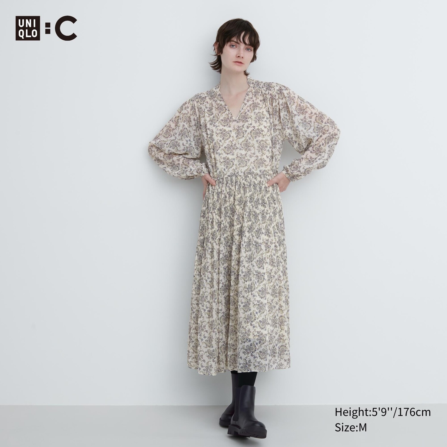 

Шифоновое плиссированное платье с длинными рукавами и принтом Uniqlo, кремовый