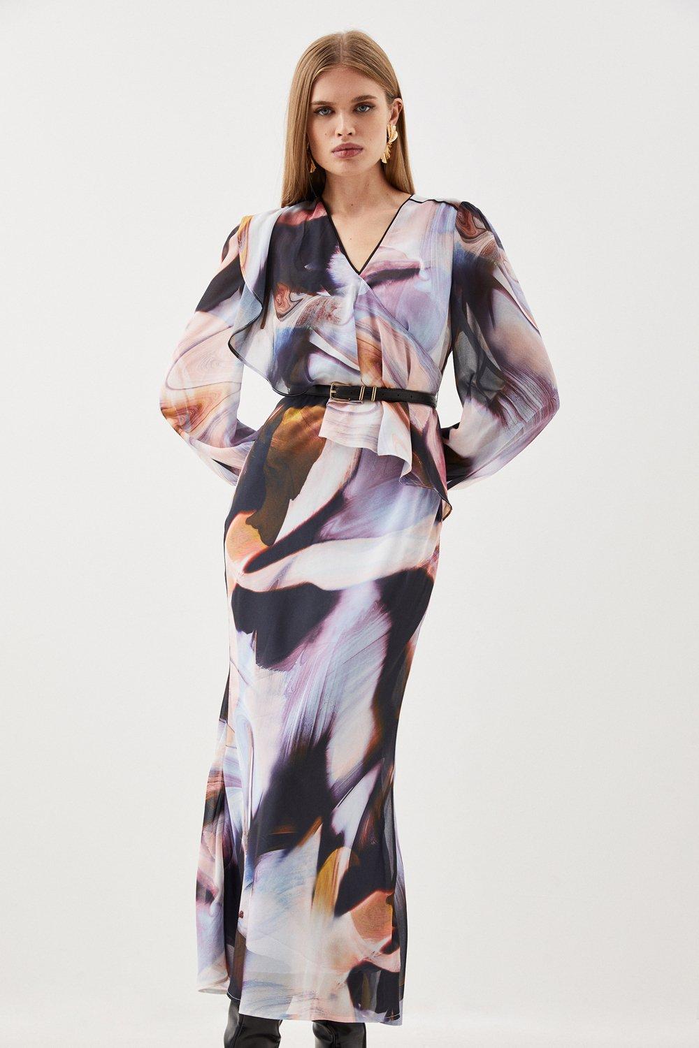 Платье миди с драпировкой и косой отделкой спереди с мраморным принтом Karen Millen, мультиколор