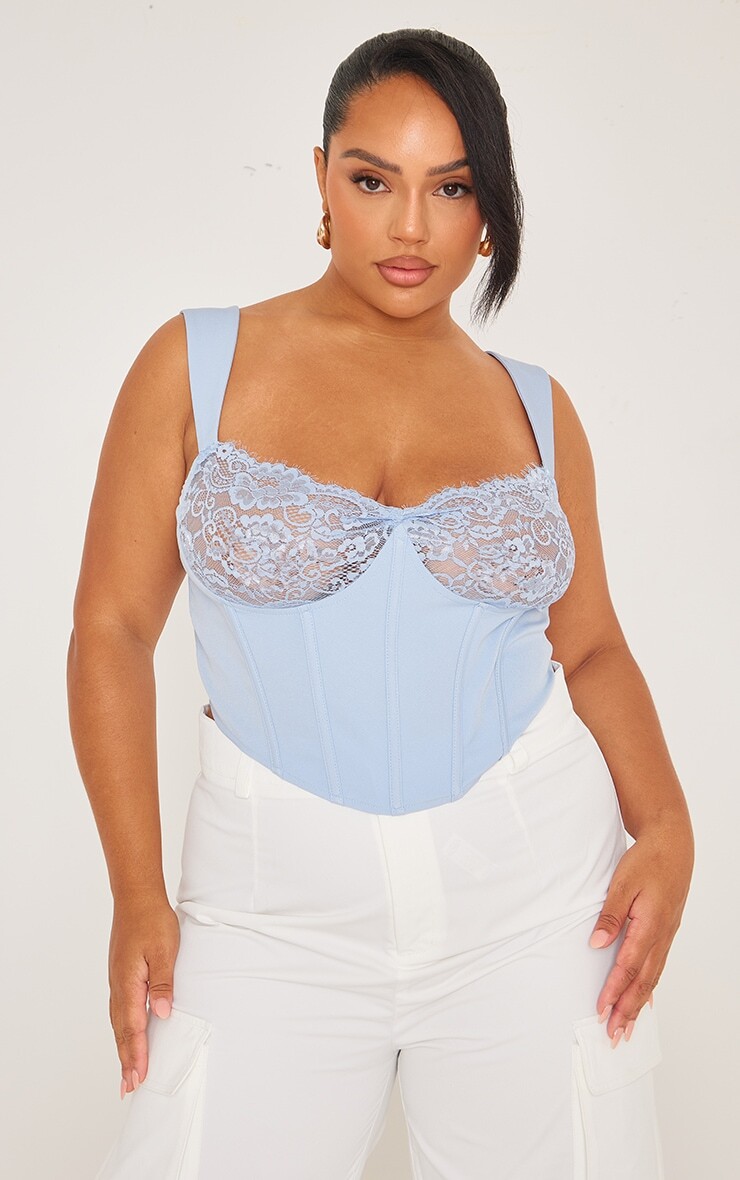 

PrettyLittleThing Корсетный топ пыльно-синего цвета с кружевной отделкой