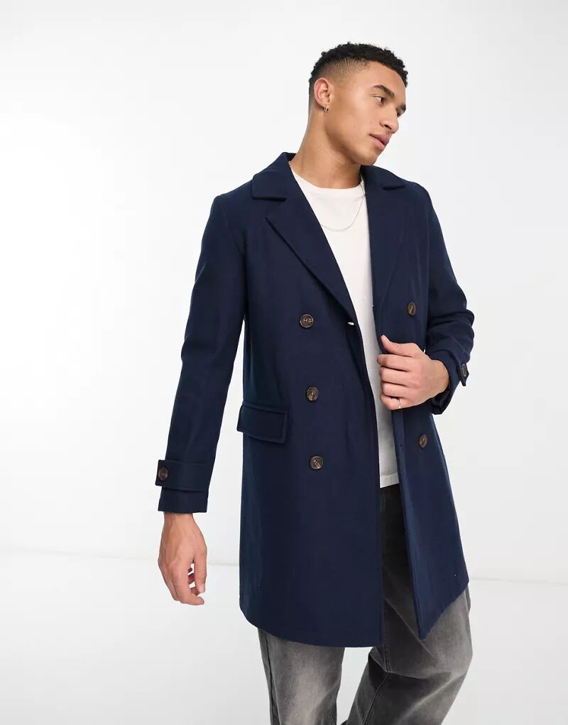 Темно-синее двубортное пальто из смесовой шерсти Original Penguin темно синее объемное пальто из смесовой шерсти asos