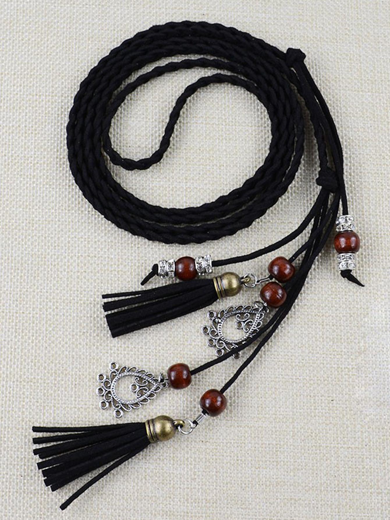 1шт женский декор из бисера и кисточки модный веревочный пояс, черный
