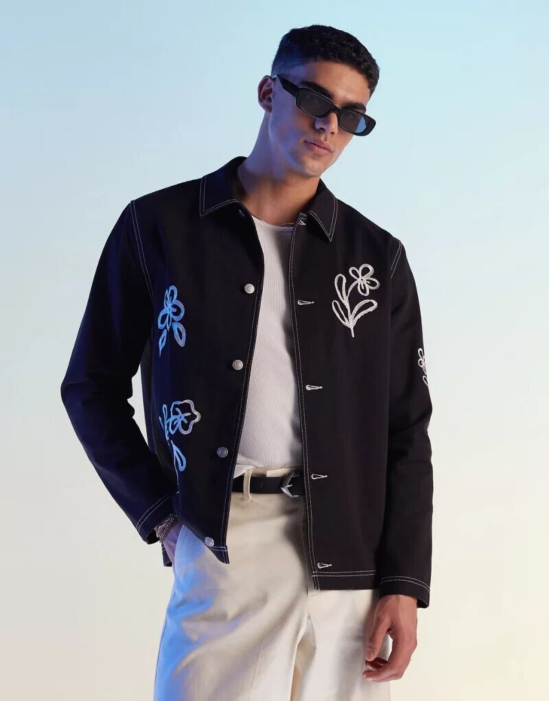 

Черная рабочая куртка с цветочной вышивкой ASOS