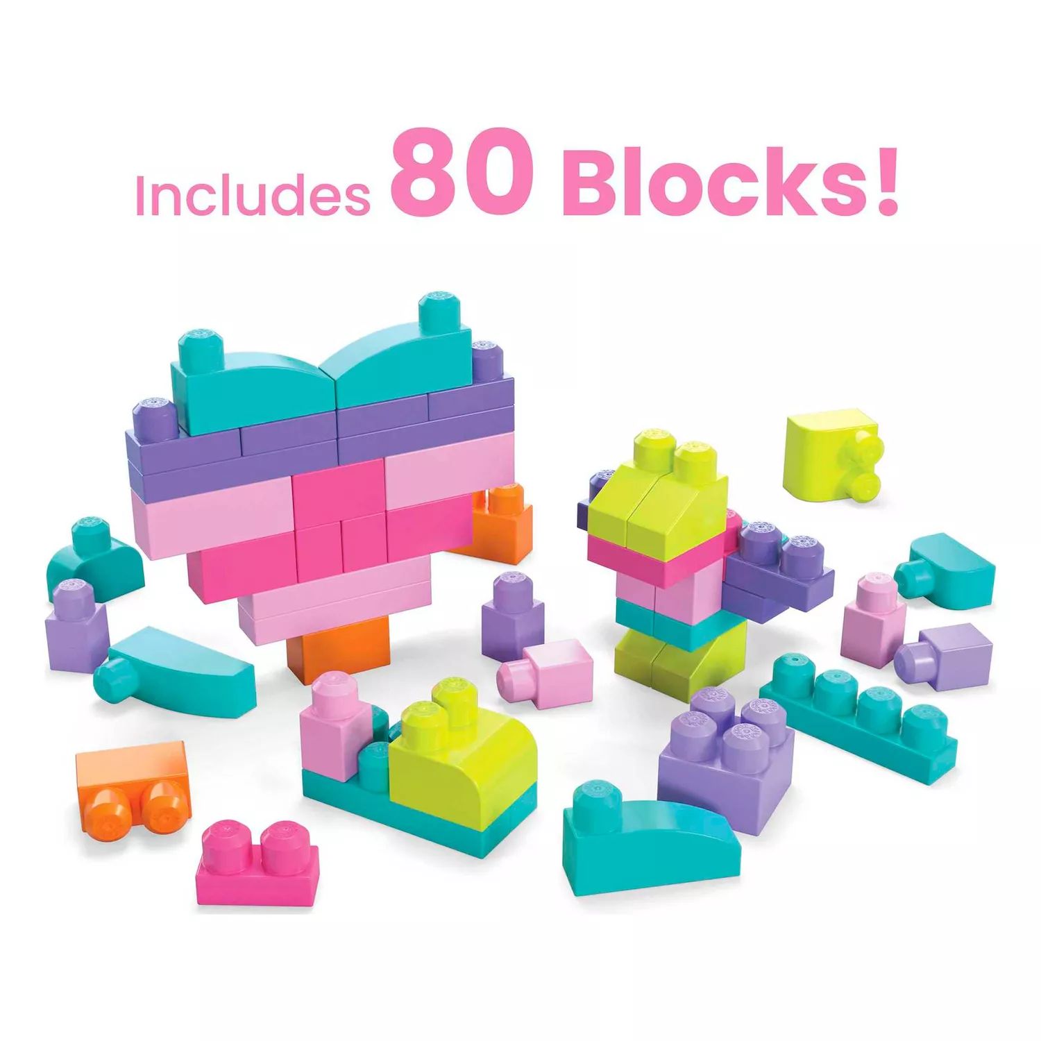 конструктор mega bloks музыкальный поезд алфавит для малышей fwk22 50 дет Большие строительные блоки MEGA BLOKS, 80 предметов, для малышей 1–3 лет, розовые Mega Bloks