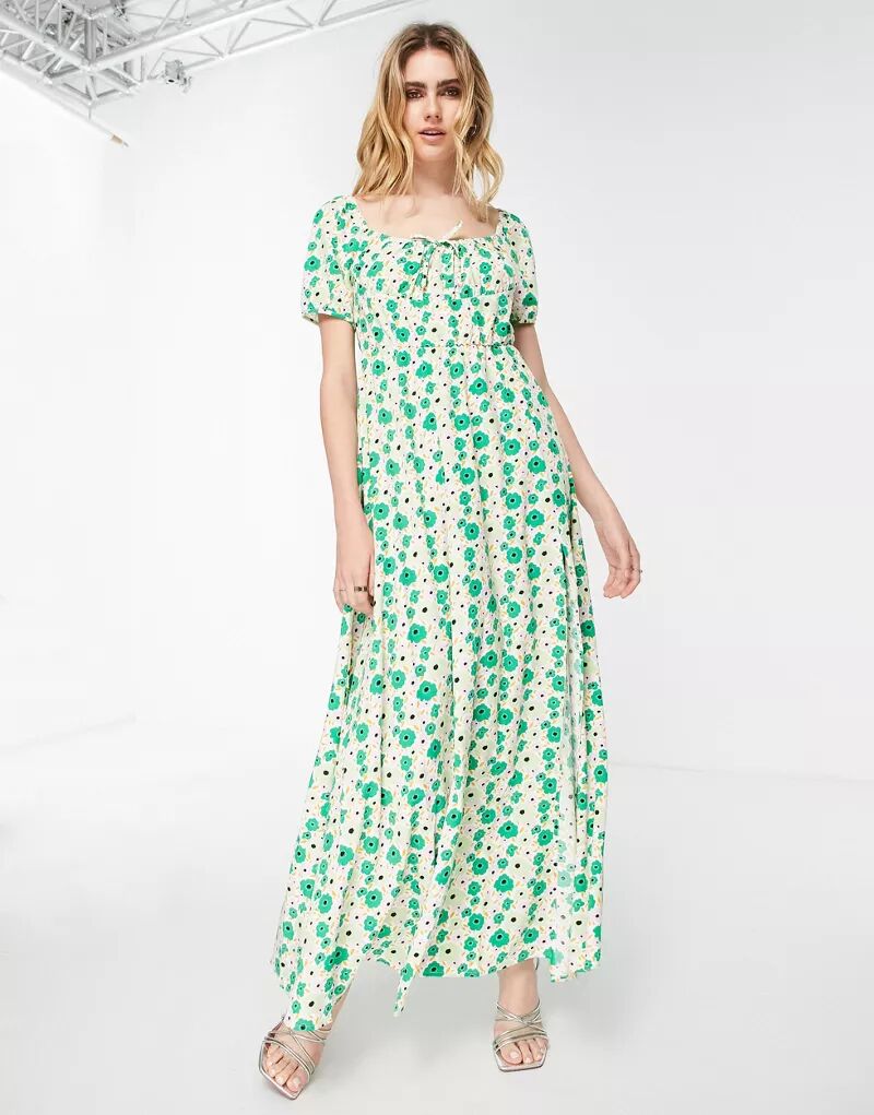 Длинное платье с зеленым цветочным принтом и деталью на груди от Vila
