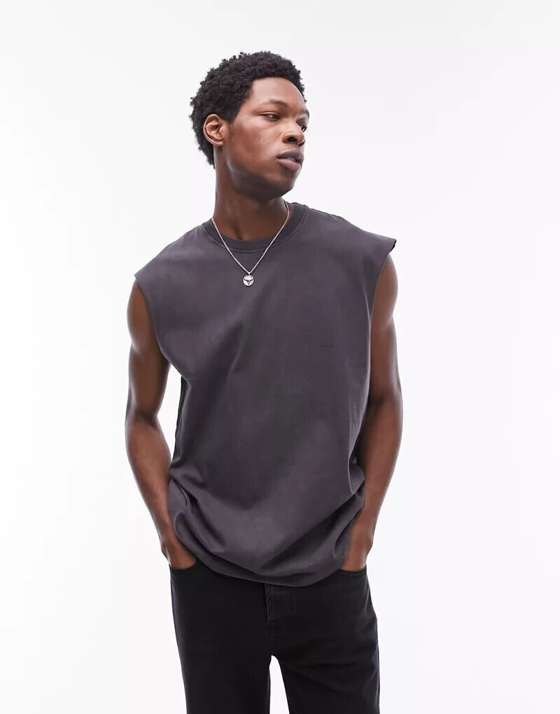 

Черная футболка оверсайз без рукавов Topman