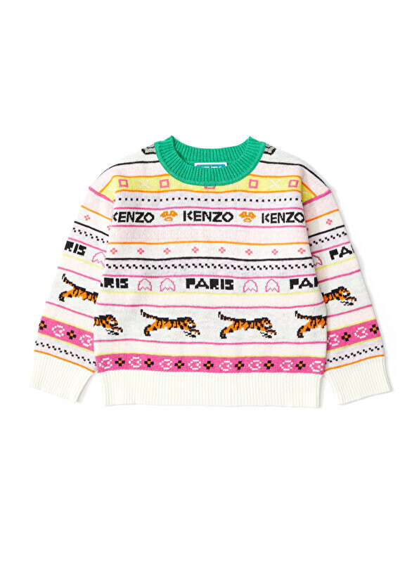 

Жаккардовый свитер для девочек цвета слоновой кости с логотипом Kenzo
