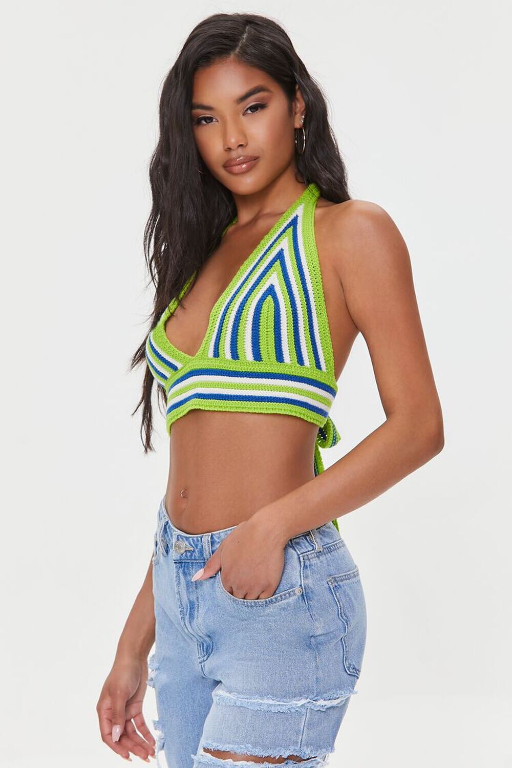 

Полосатый укороченный топ с лямкой на бретельках крючком Forever 21, зеленый