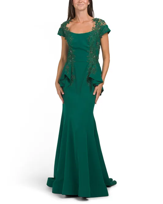 

Кружевное платье с баской и пайетками Terani Couture, цвет Emerald