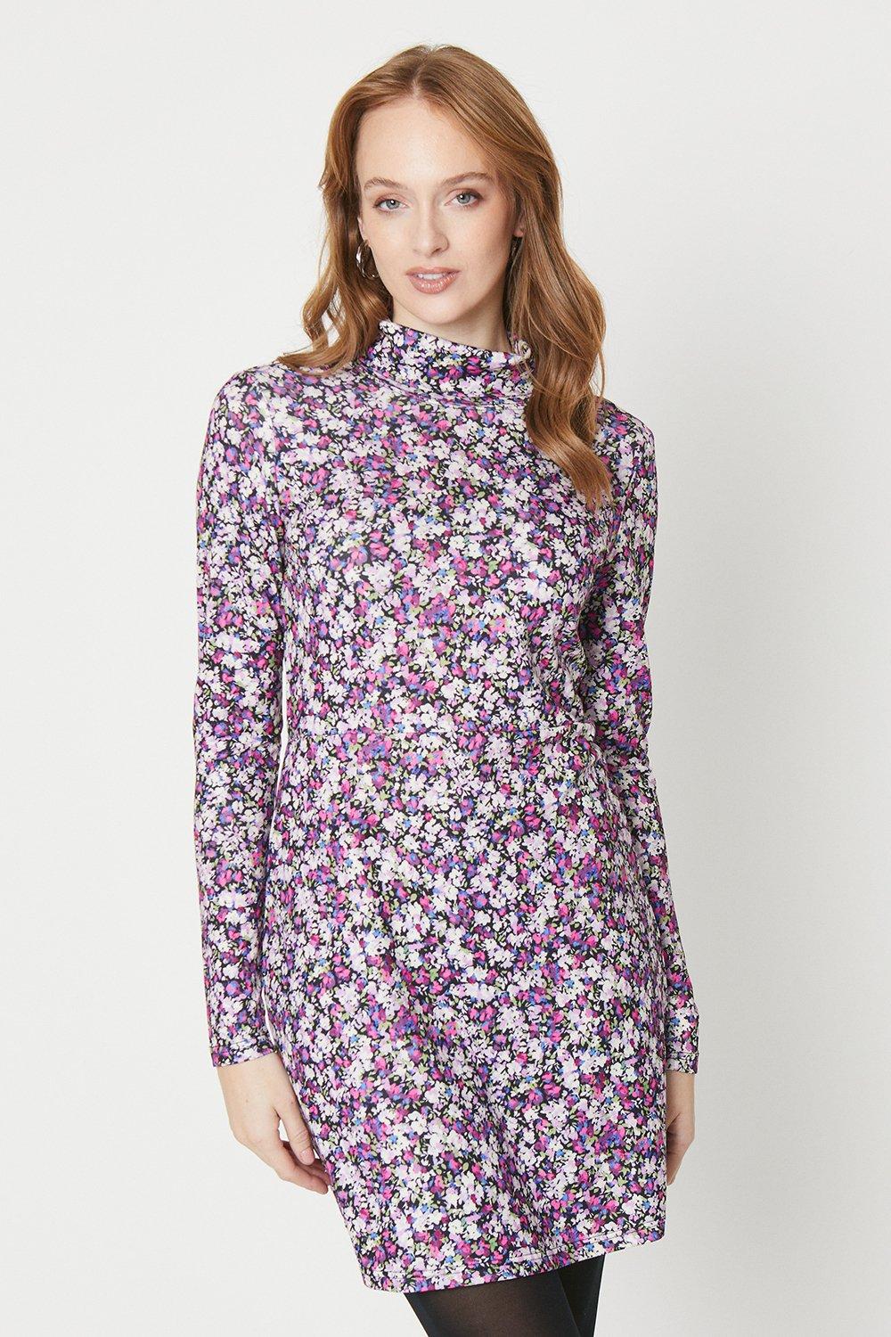 Мини-платье из джерси с цветочным принтом и высоким воротником, длинными рукавами Oasis, фиолетовый