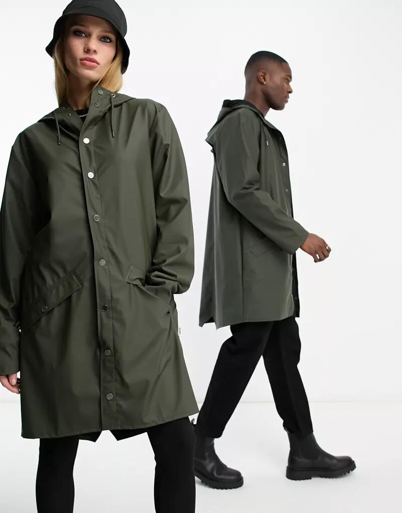 Зеленая длинная непромокаемая куртка унисекс Rains 12020 синяя водонепроницаемая длинная куртка с капюшоном rains 12020