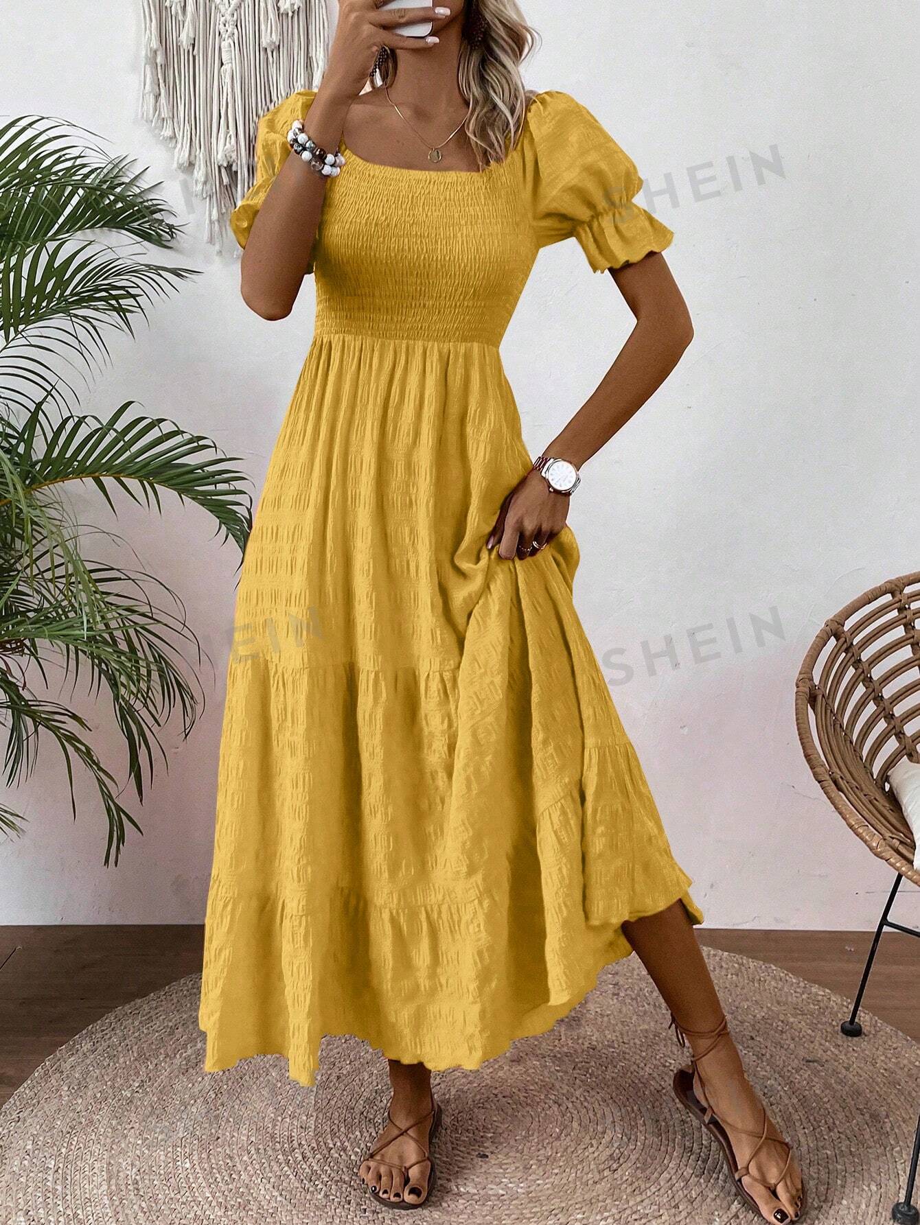 Женское платье с квадратным вырезом и объемными рукавами, желтый женское платье в горошек с длинным рукавом и квадратным вырезом
