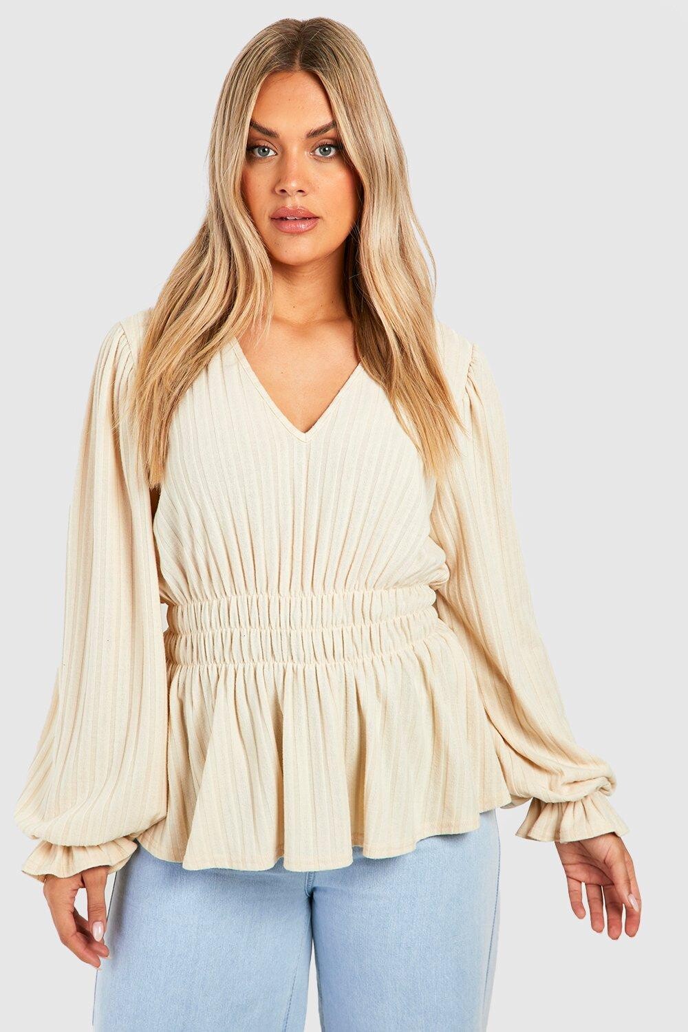 

Топ с баской в ребку плюс Boohoo, серый