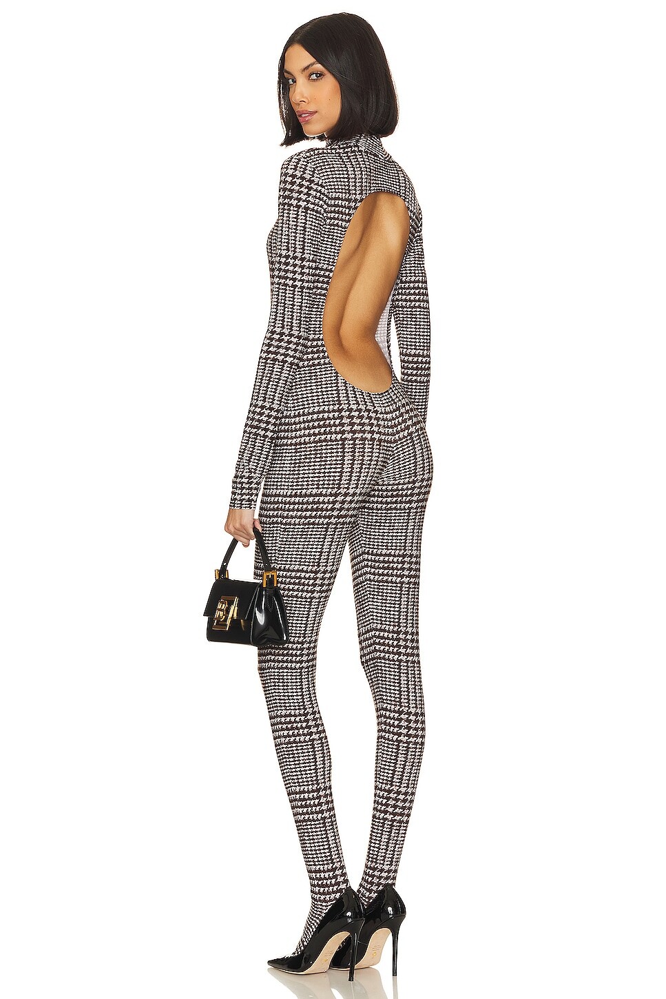 

Комбинезон Norma Kamali Long Sleeve Open Back Catsuit With Footsie, цвет Chocolate Glenn Plaid Tweed
