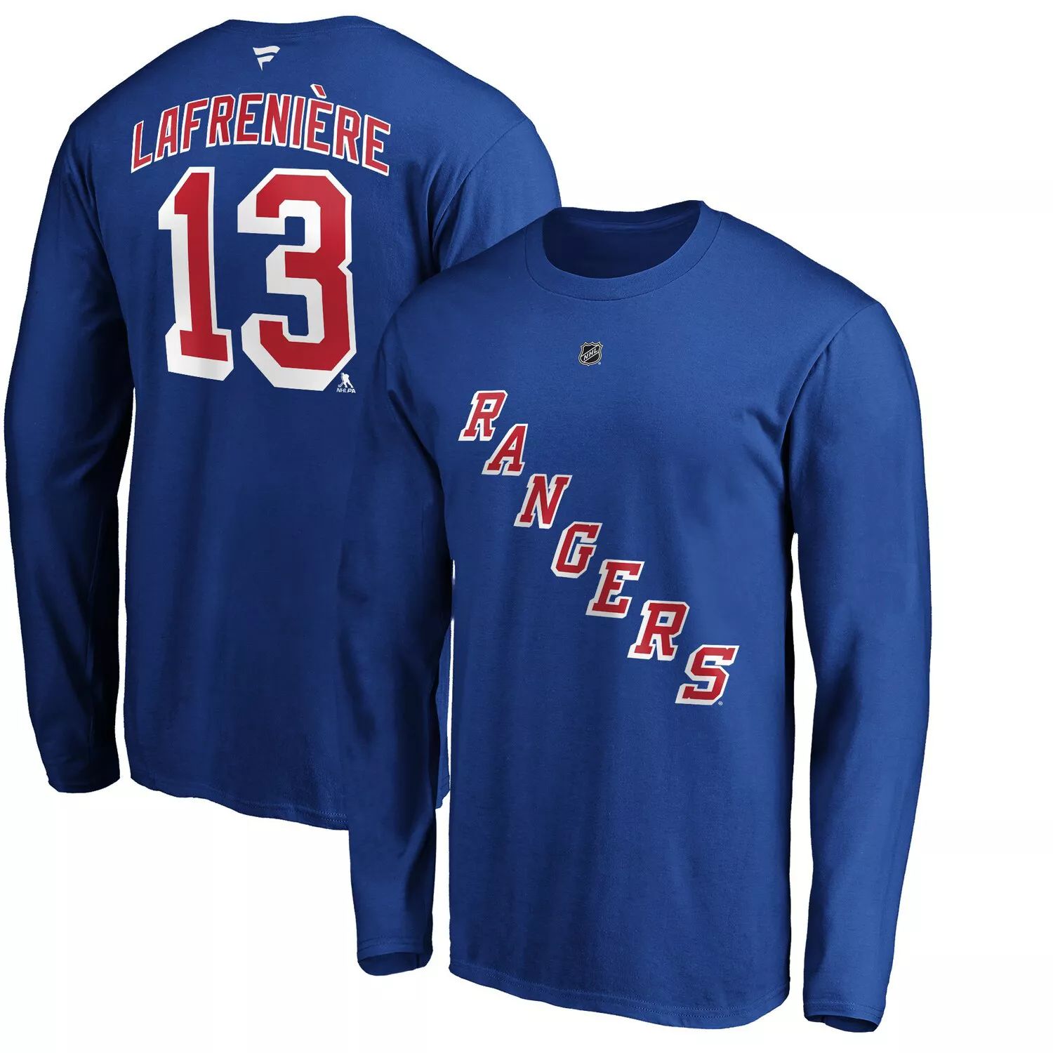 Мужская синяя футболка с длинным рукавом с фирменным знаком Alexis Lafrenière New York Rangers и аутентичным именем и номером Stack Fanatics