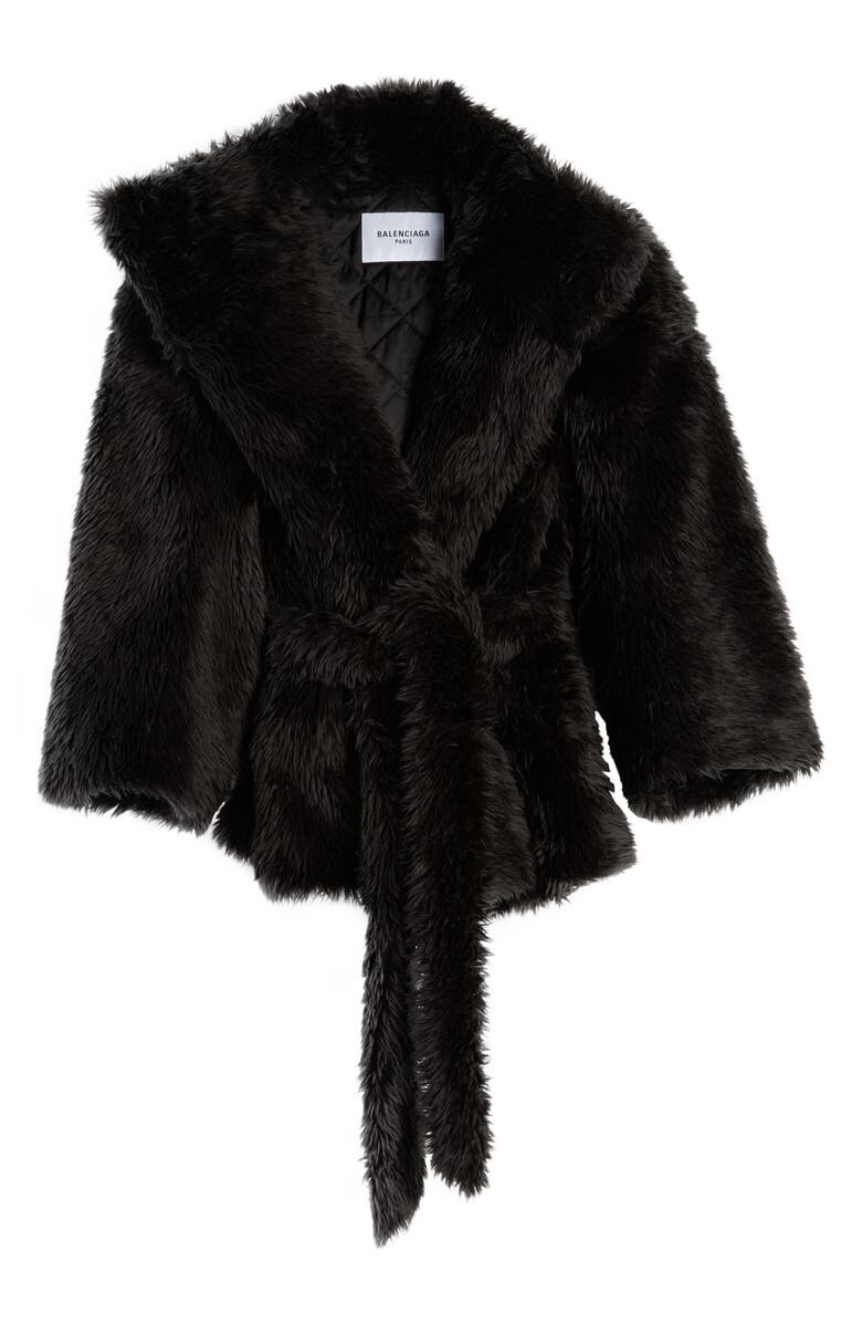

Пальто с поясом из искусственного меха и рукавами Teddy BALENCIAGA, черный