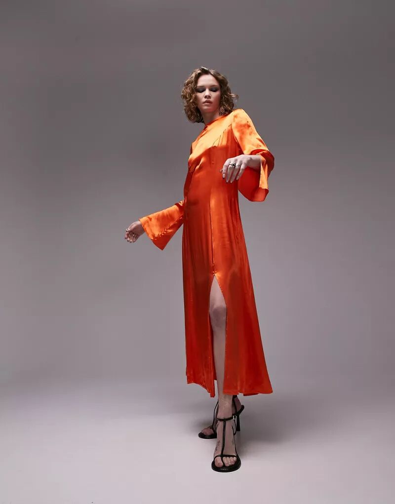 Оранжевое атласное платье-комбинация миди с закрученной спинкой Topshop