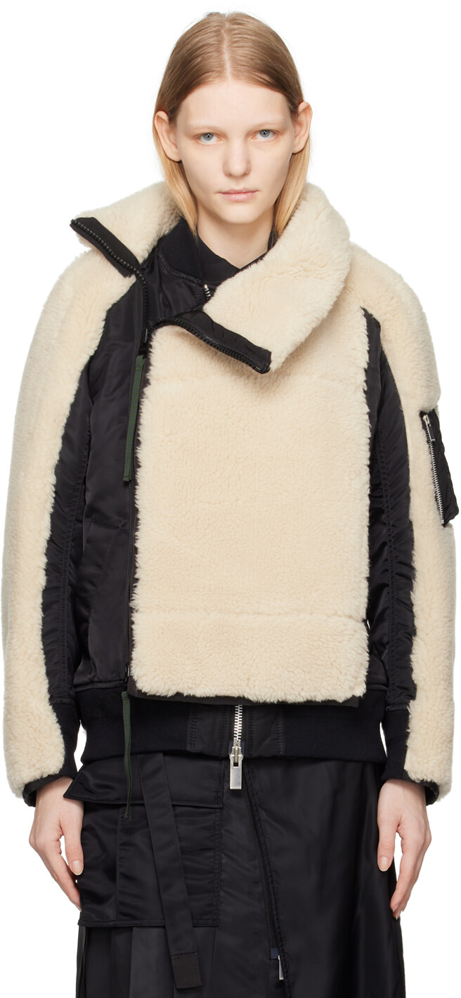 

Черно-белая куртка из искусственной овчины со вставками sacai, Черный