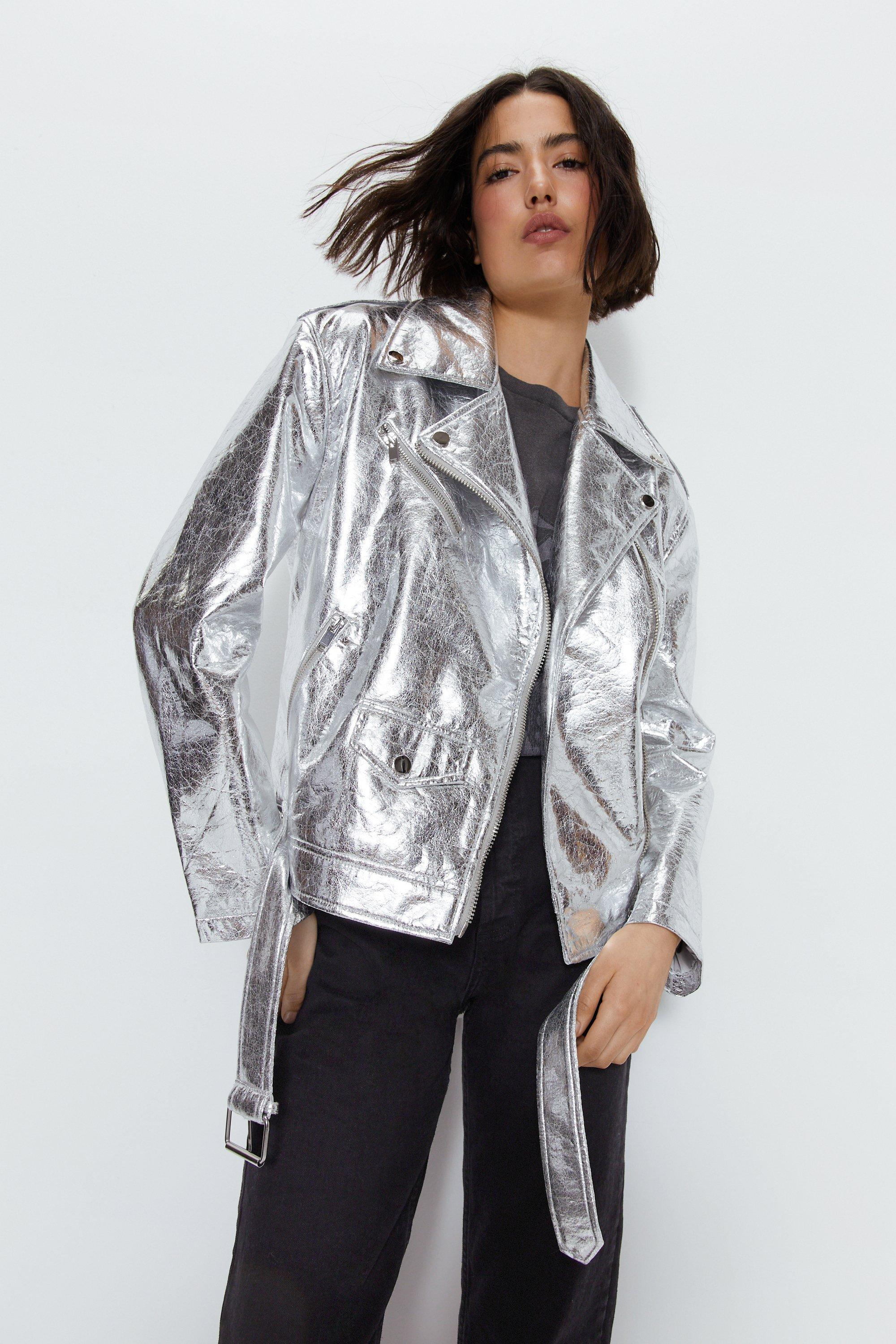 Байкерская куртка из искусственной кожи с кракле Warehouse, серебро женская байкерская зимняя куртка из искусственной кожи с длинным рукавом