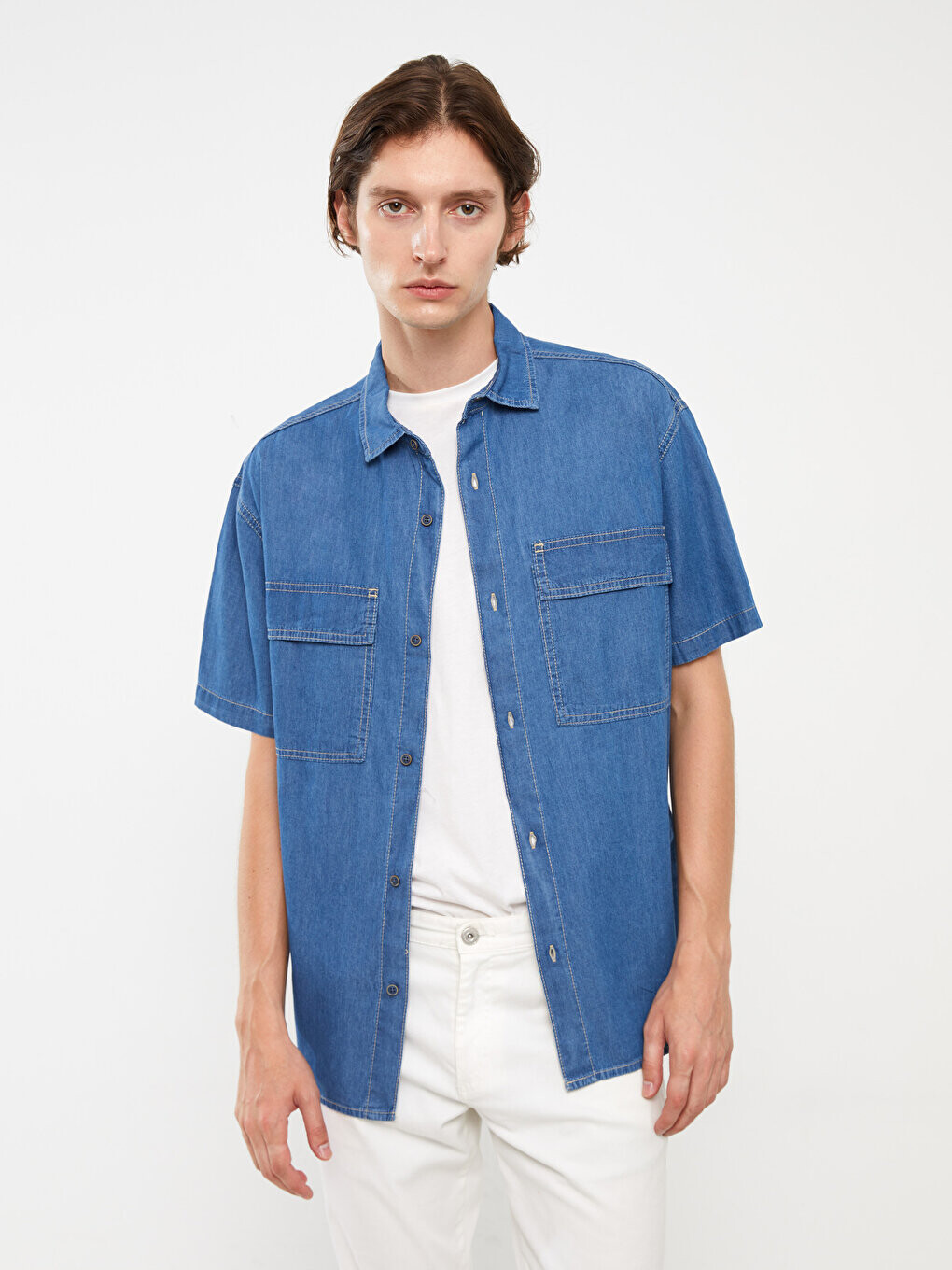 

Удобная мужская джинсовая рубашка с коротким рукавом LCW Jeans, средний синий, мытый