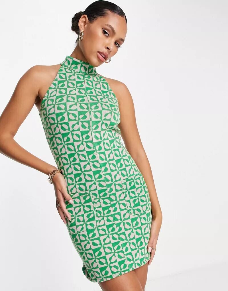 

Зеленое короткое жаккардовое платье-футляр River Island