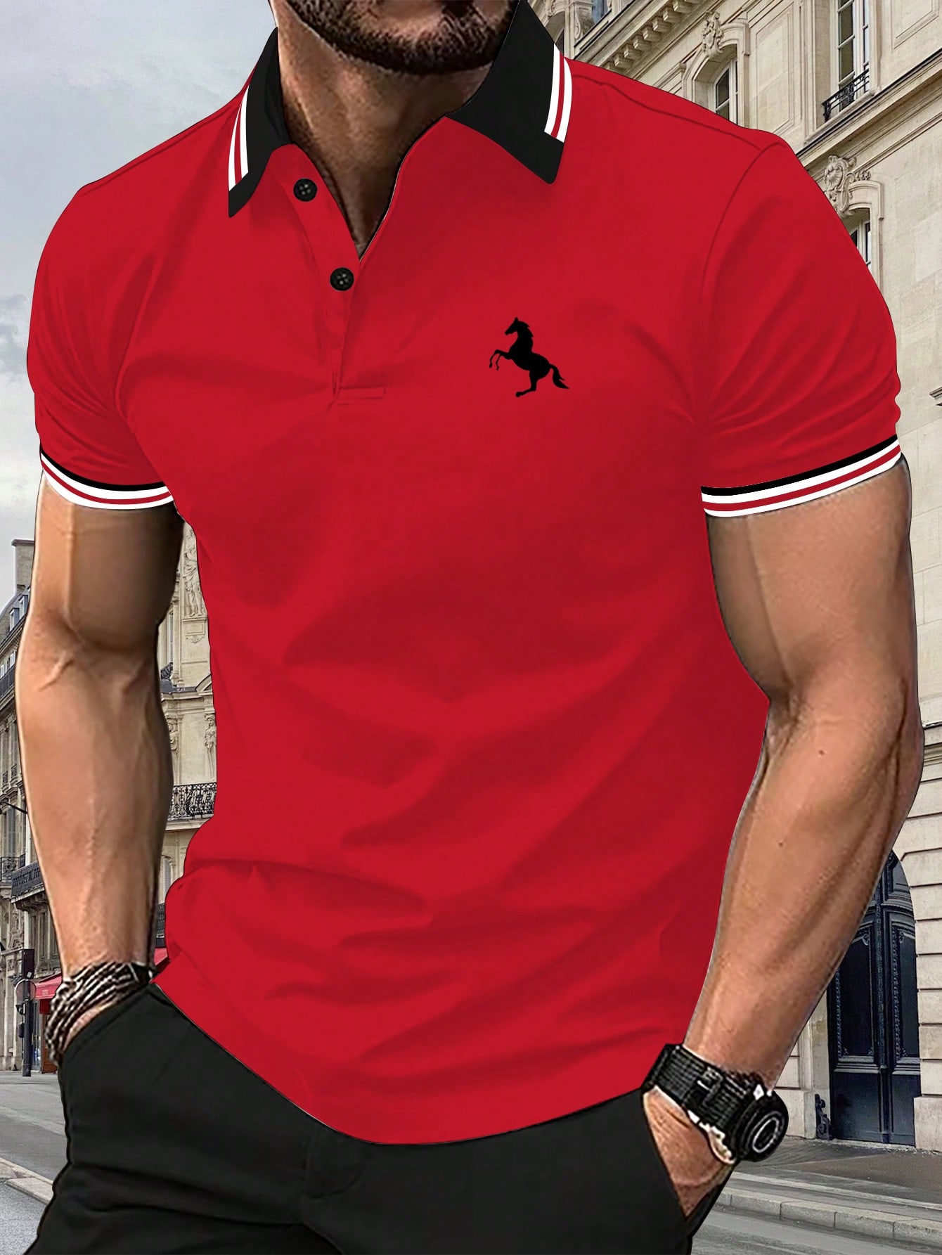 Мужская рубашка-поло в полоску с коротким рукавом Manfinity Homme с принтом лошади, красный рубашка поло мужская с коротким рукавом на пуговицах в полоску