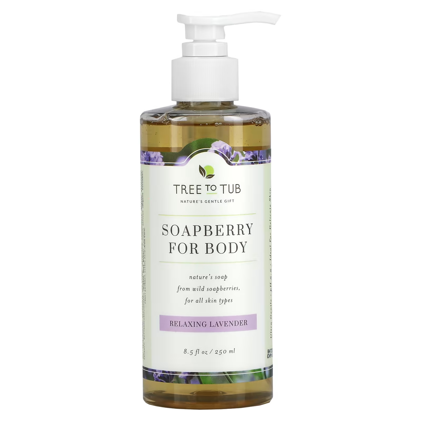 Tree To Tub Soapberry Увлажняющее мыло для душа без сульфатов, pH-сбалансированное для сухой чувствительной кожи с лавандой, 8,5 жидких унций (250 мл)
