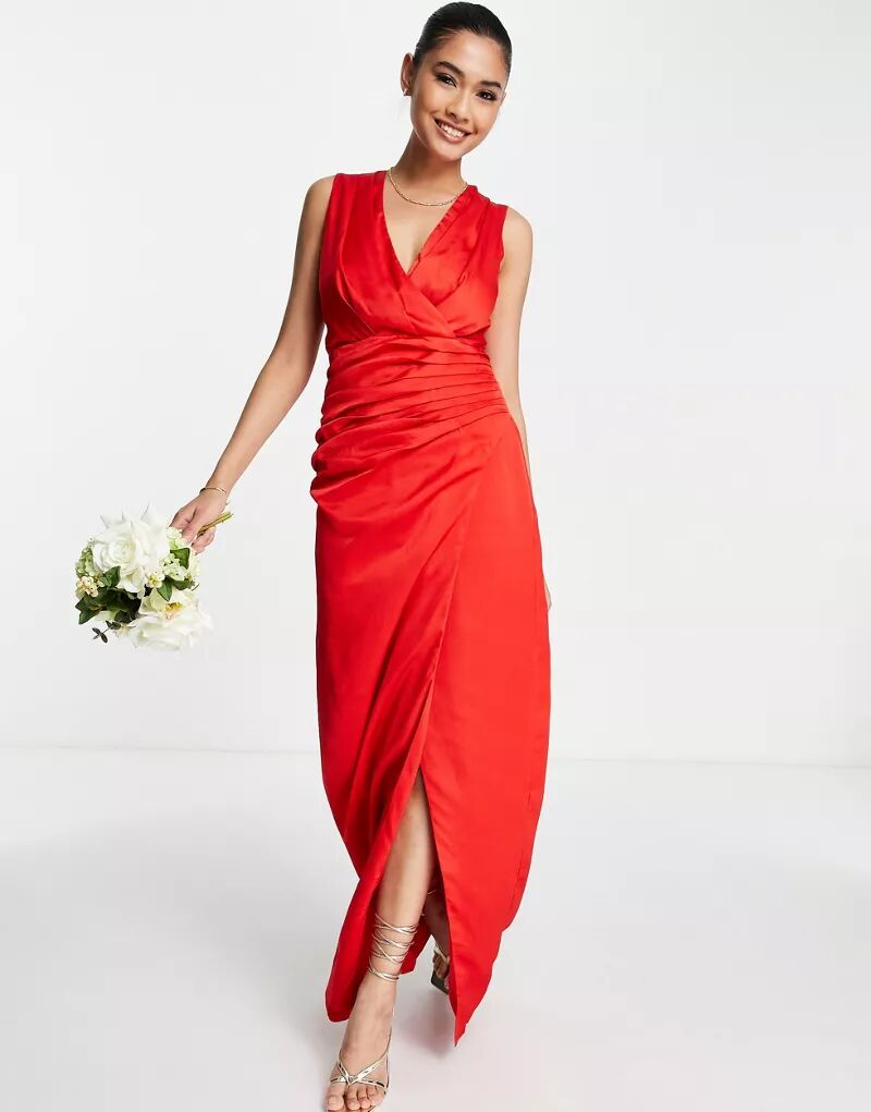 Красное платье макси из ликерного атласа с запахом спереди Liquorish фото