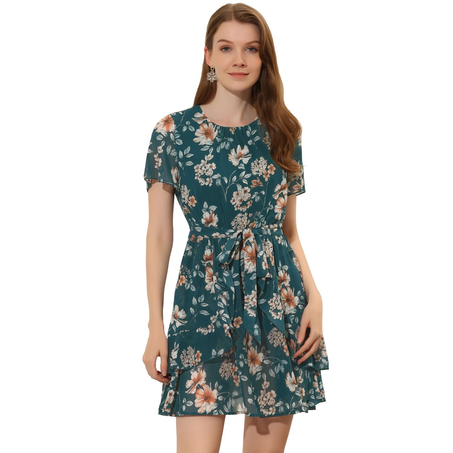 

Женское асимметричное многослойное плиссированное платье с расклешенным вырезом и короткими рукавами с цветочным принтом ALLEGRA K, белый