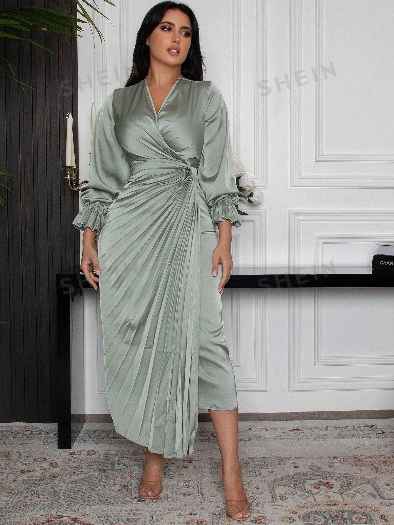 SHEIN Modely женское однотонное плиссированное платье с рюшами и рукавами, зеленый shein modely женское арабское платье в стиле пэчворк из тканой ленты с бахромой и длинными рукавами пыльный фиолетовый
