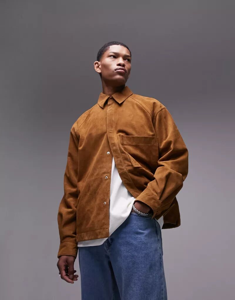Светло-коричневая куртка-рубашка премиум-класса из натуральной замши Topman