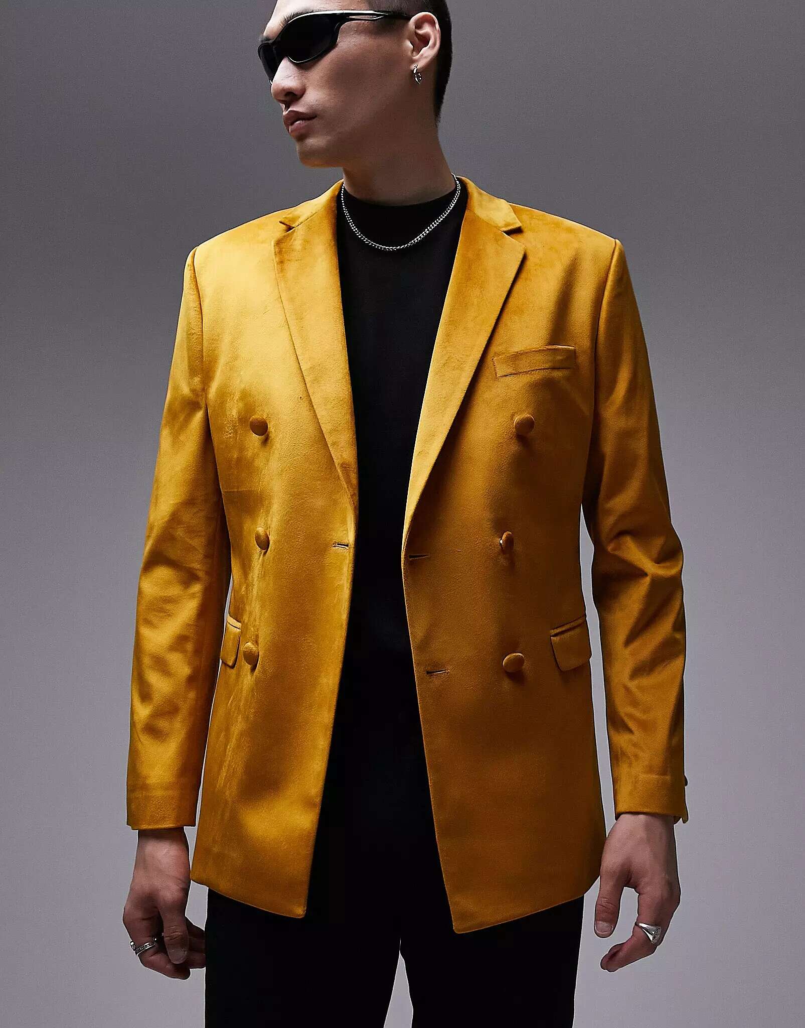 Золотистый двубортный бархатный пиджак скинни Topman