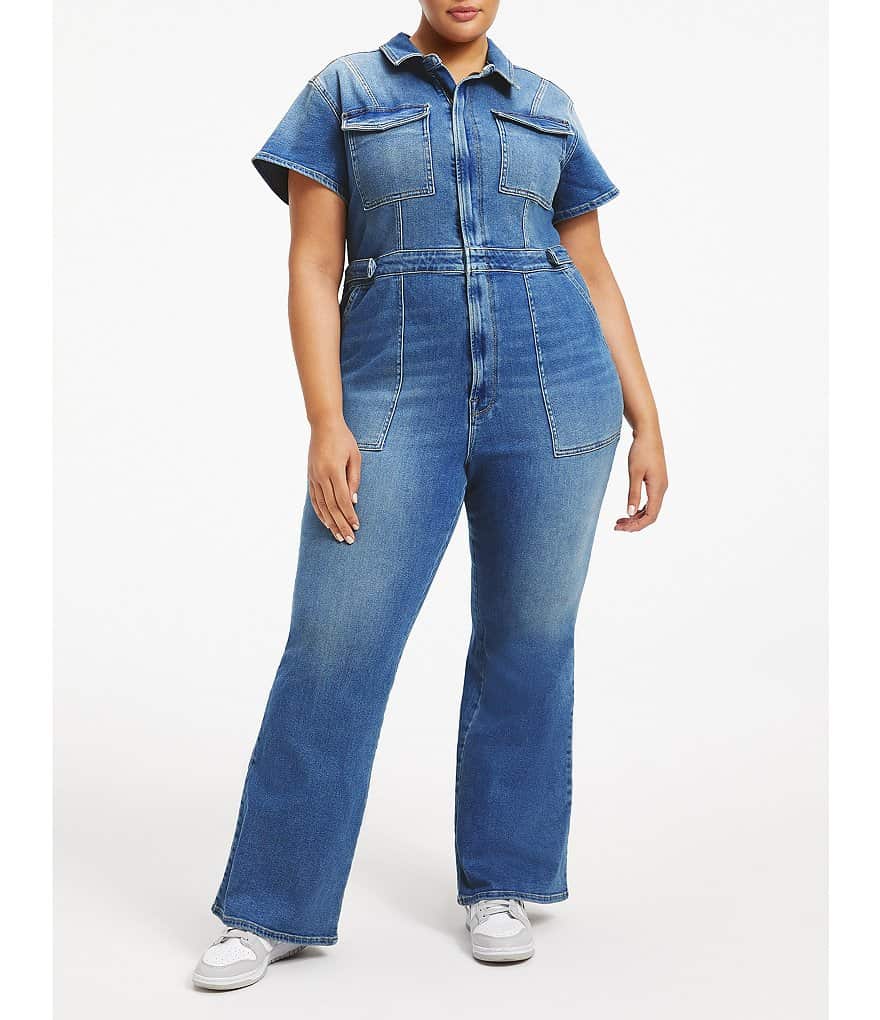 Хороший американский комбинезон больших размеров для успеха, прямой эластичный джинсовый комбинезон с короткими рукавами и острым воротником Good American, синий