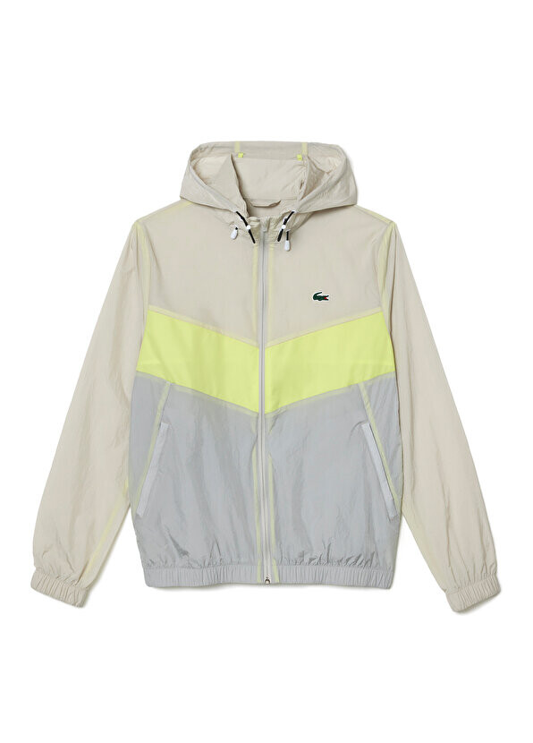 

Активное светло-серое мужское пальто с капюшоном и цветными блоками Lacoste, Серый