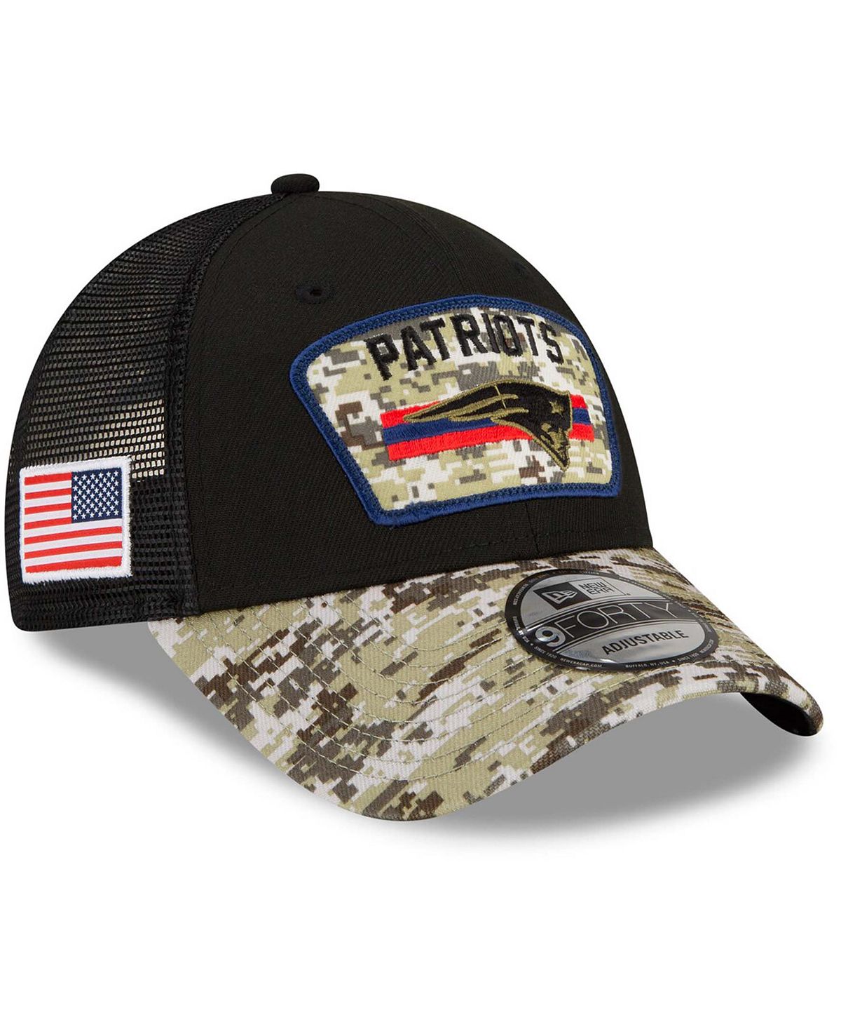 

Мужская черная камуфляжная регулируемая кепка New England Patriots 2021 Salute To Service Trucker 9FORTY Snapback New Era