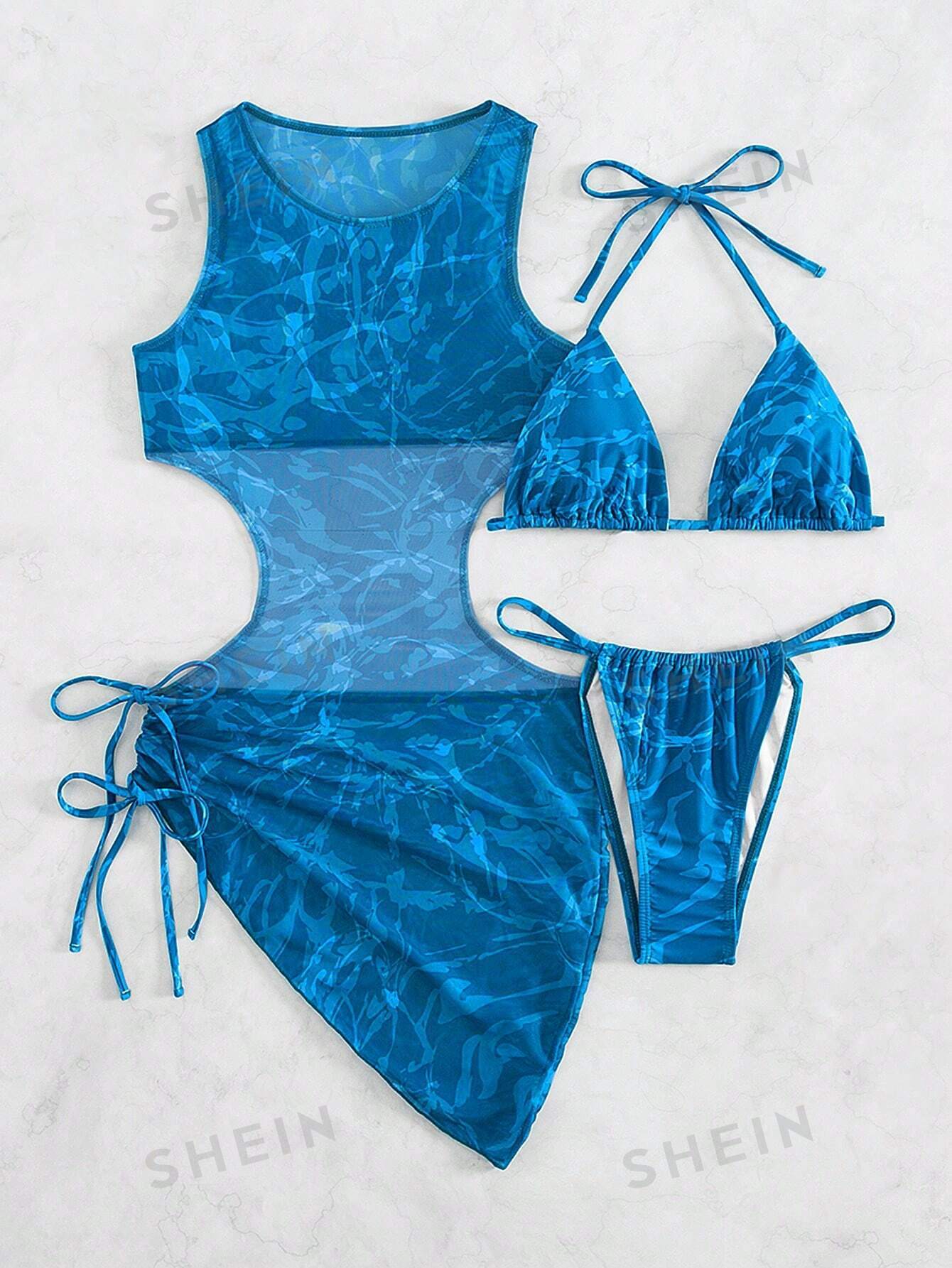 Комплект купальников бикини из 3 предметов со случайным принтом и платьем-прикрытием, синий