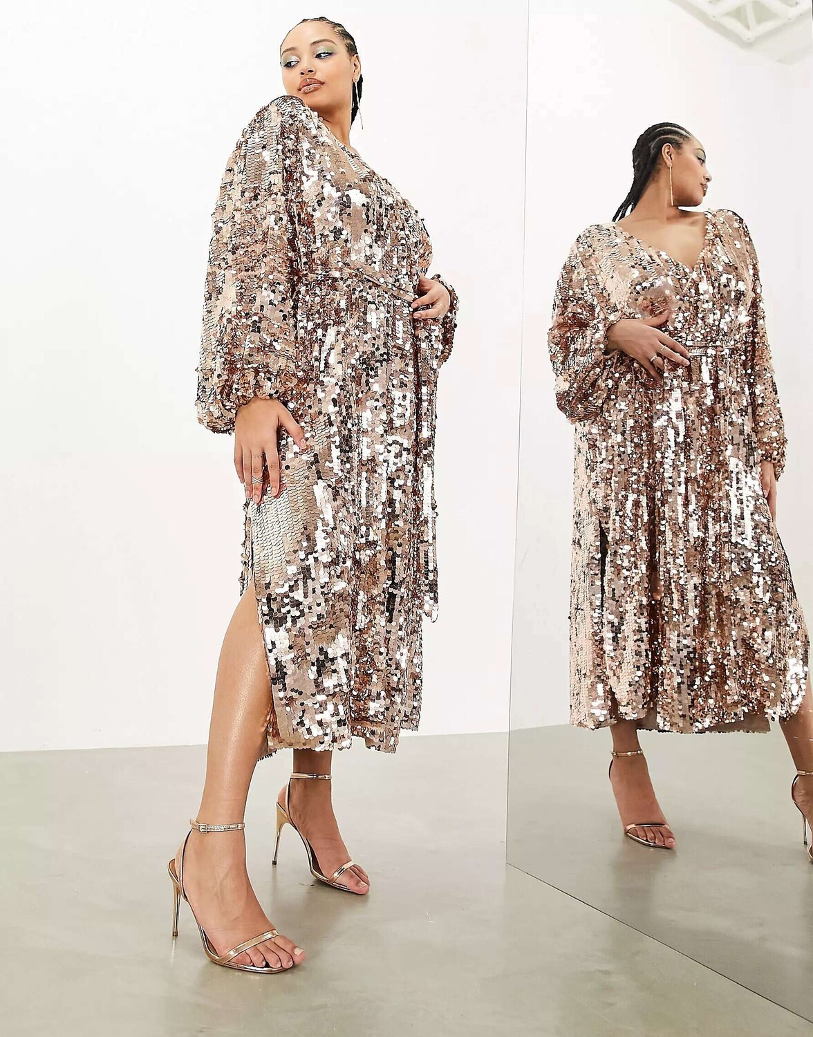 

Золотистое платье миди с рукавами «летучая мышь» и пайетками ASOS Curve