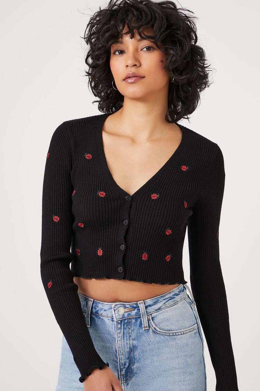 

Свитер-кардиган с вышивкой Божья коровка Forever 21, черный