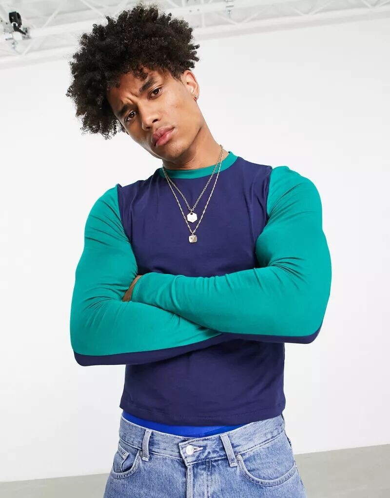 

Укороченный топ с длинными рукавами ASOS с принтом «Нью-Йорк» и колор-блоками темно-синего и зеленого цвета - NAVY