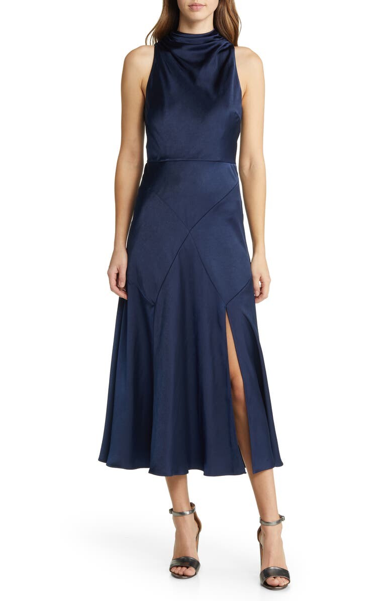 

Атласное платье с косым вырезом Lilymay TED BAKER LONDON, темно-синий