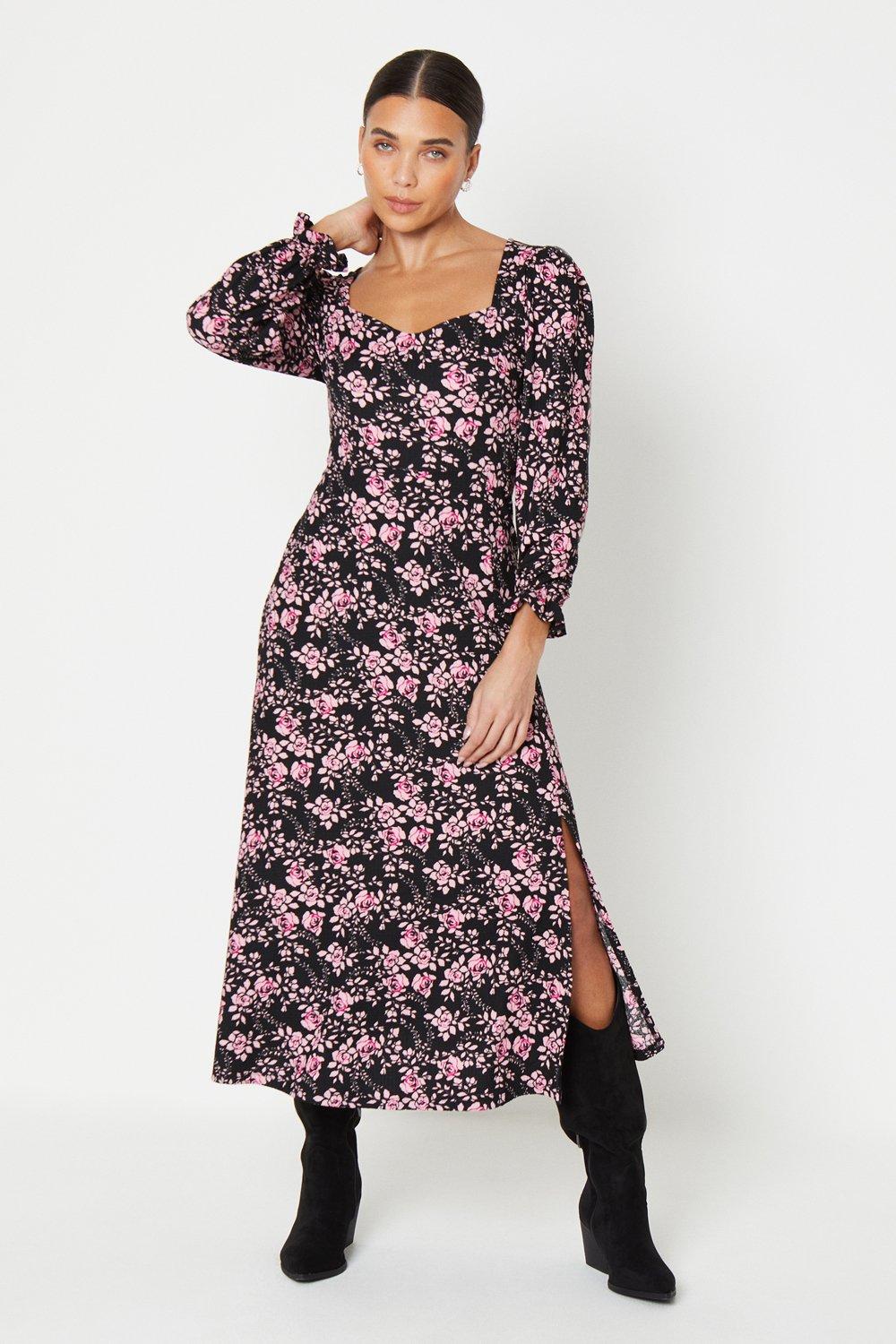Платье миди Petite с цветочным принтом и длинными рукавами в форме сердца Dorothy Perkins, мультиколор