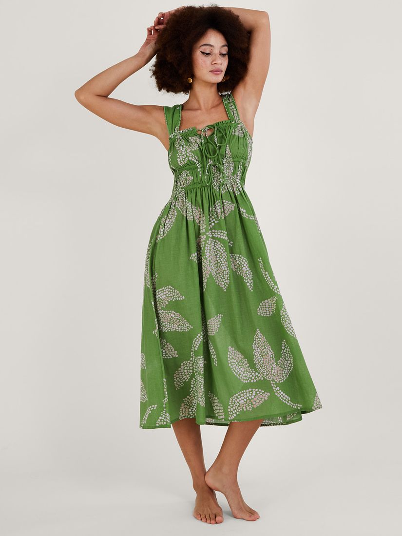 Хлопковое платье миди с пятнистым пальмовым принтом Monsoon, зеленый