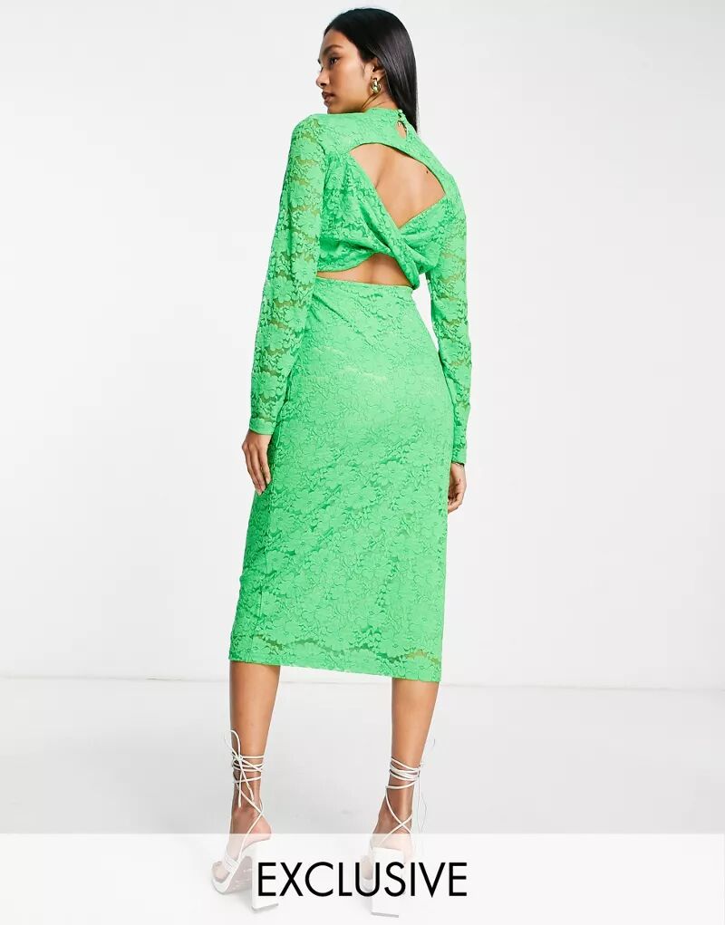 Эксклюзивное ярко-зеленое платье миди Vila с витой кружевной деталью сзади