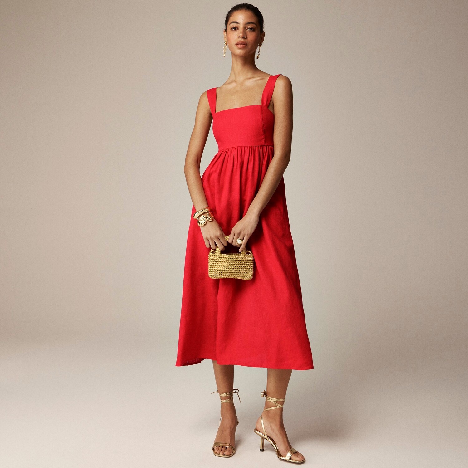 

Платье миди с квадратным вырезом из льна J.Crew, красный